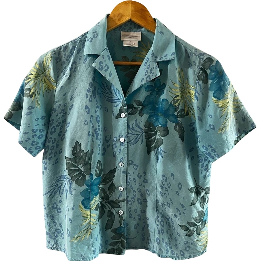 Worthington SZ 4 Petite Women 100% Silk Floral Top Button Up Shirt Blue Tropical